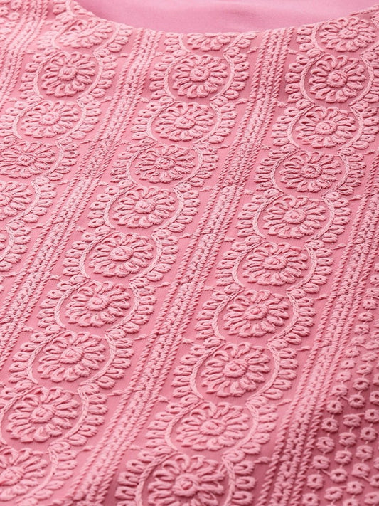 Anouk Women Pink Chikankari Embroidered Kurta with Palazzos | Swadesiicart