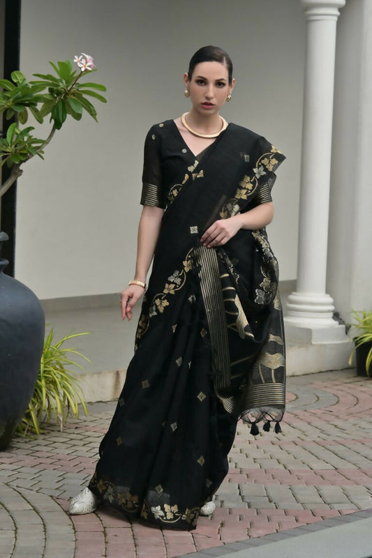 Vishnu Weaves Women's Black Linen Silk Zari Weaving Saree with Blouse - Swadesiicart
