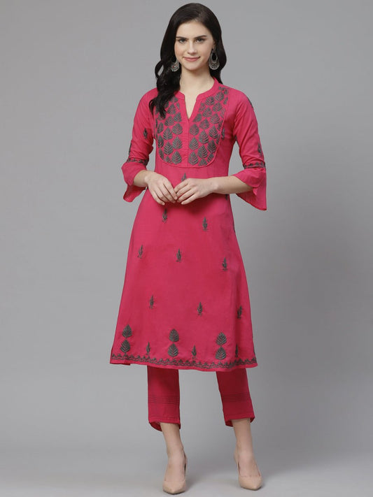 ADA Women Pink & Charcoal Grey Chikankari Embroidered Sustainable Handloom Kurta with Trousers | Swadesiicart