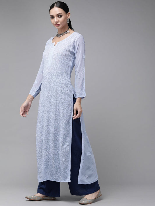 ADA Women Blue & Blue Ethnic Motifs Embroidered Chikankari Georgette Kurta | Swadesiicart