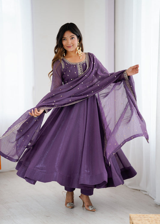 Lorenvalley Fashion Lavender Pure Crunchy Silk Embroidery Sequence Dori and zari Work Anarkali Gown Pant with Dupatta Set
