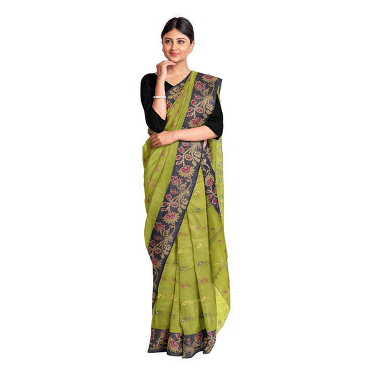 Exclusive Collection 100% Pure Cotton Light Green Tant Saree With Hand Weaving Work - Swadesiicart