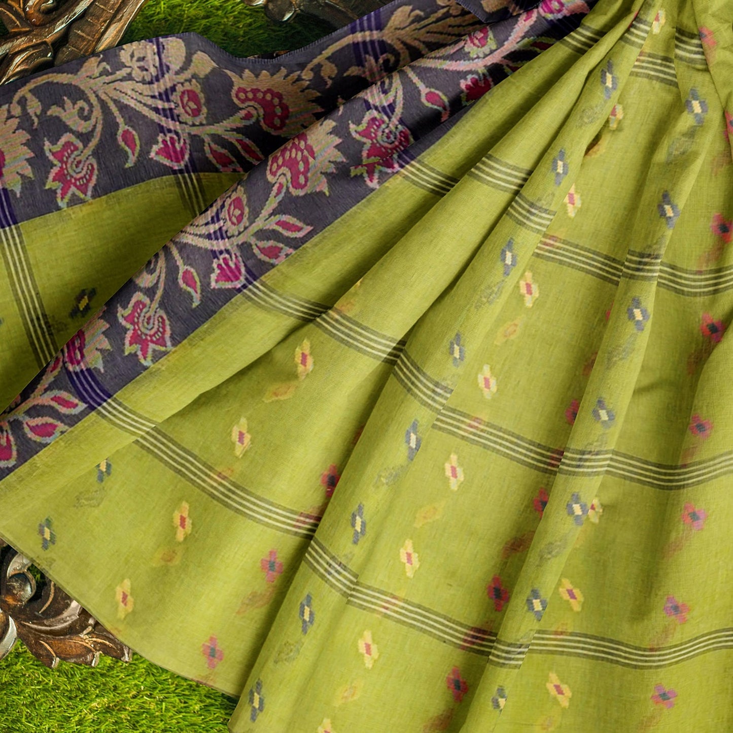 Exclusive Collection 100% Pure Cotton Light Green Tant Saree With Hand Weaving Work - Swadesiicart