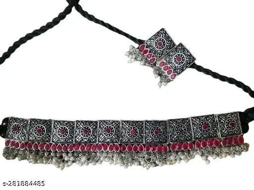 Tehzeeb Creations Women's Oxidised Necklace Set With White Pearl - Swadesiicart