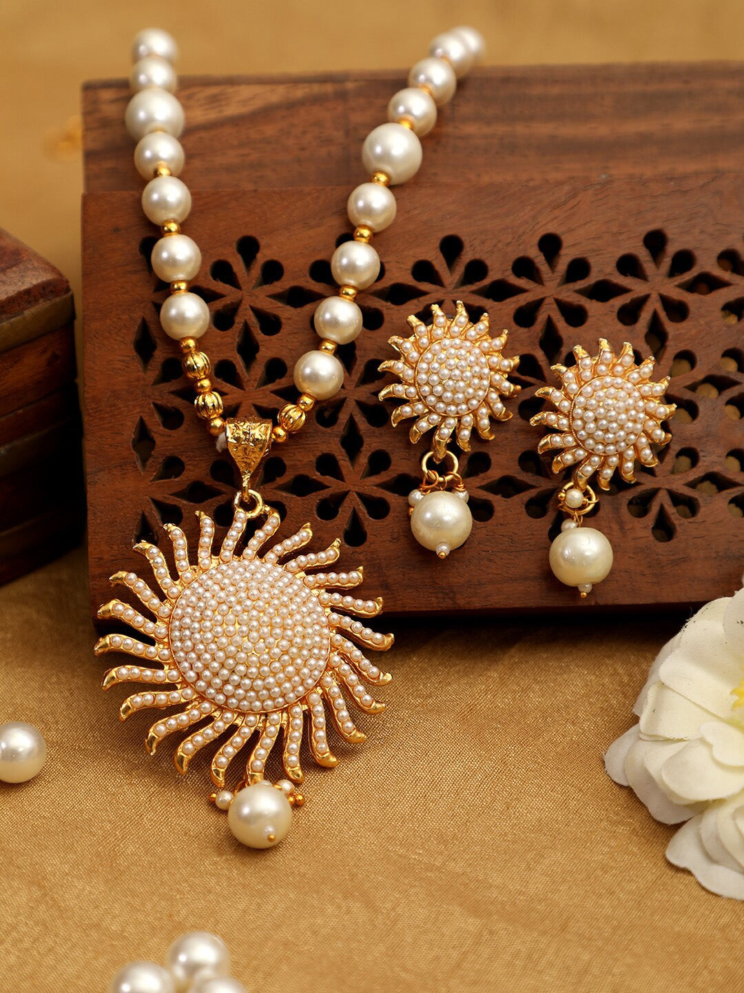 Gold-Polished Alloy Pearl Sun Shape Pendant Set - The Pari | Swadesiicart