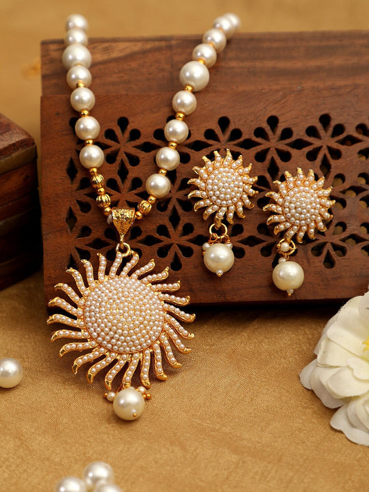 Gold-Polished Alloy Pearl Sun Shape Pendant Set - The Pari | Swadesiicart