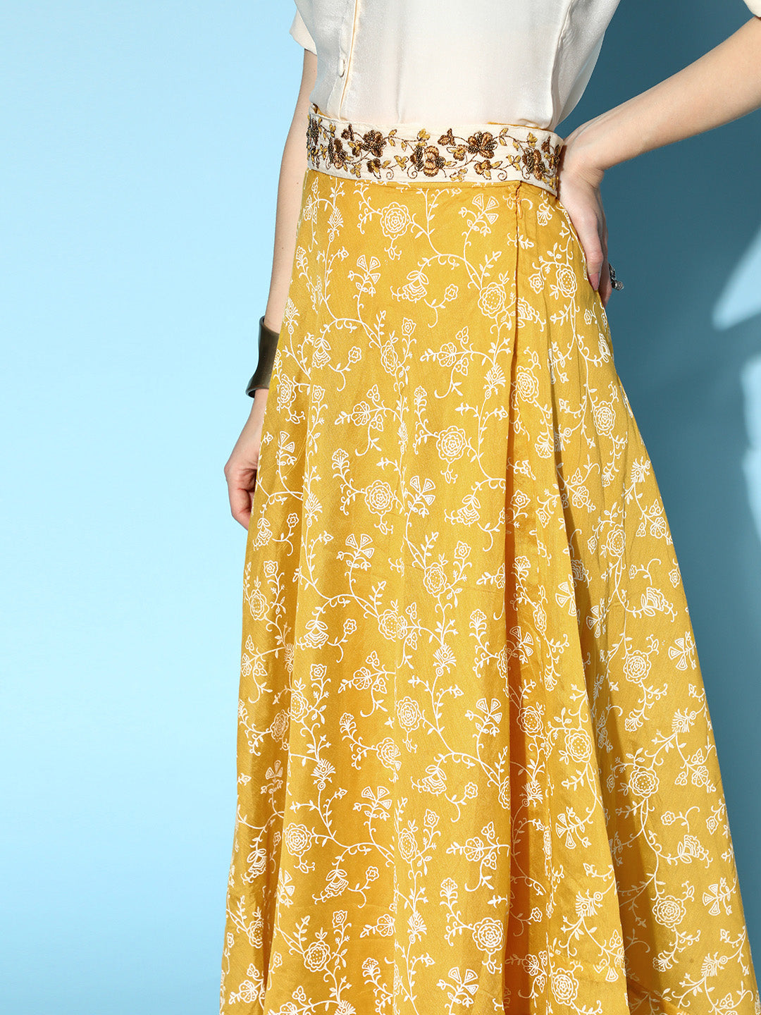 InWeave Yellow & White Chanderi Skirt Fusion Set - Swadesiicart