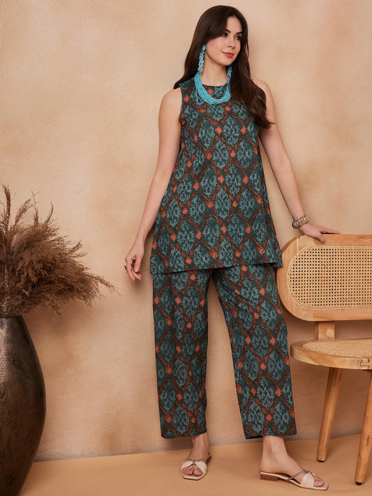 InWeave Aqua Pearl Abstract Printed Co Ords Set - Swadesiicart