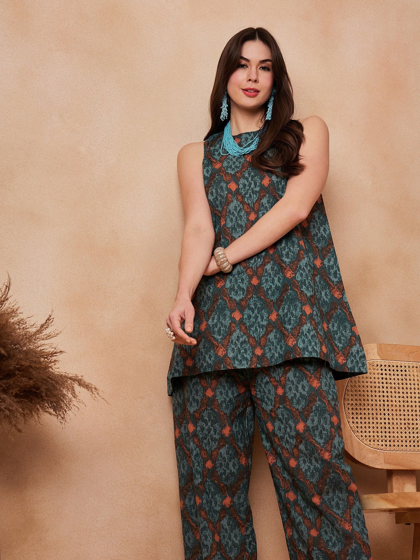 InWeave Aqua Pearl Abstract Printed Co Ords Set - Swadesiicart