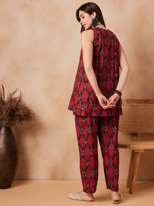 InWeave Red Abstract Printed Co Ords Set - Swadesiicart