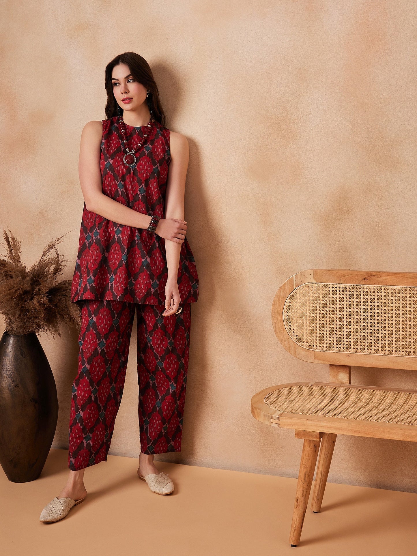 InWeave Red Abstract Printed Co Ords Set - Swadesiicart