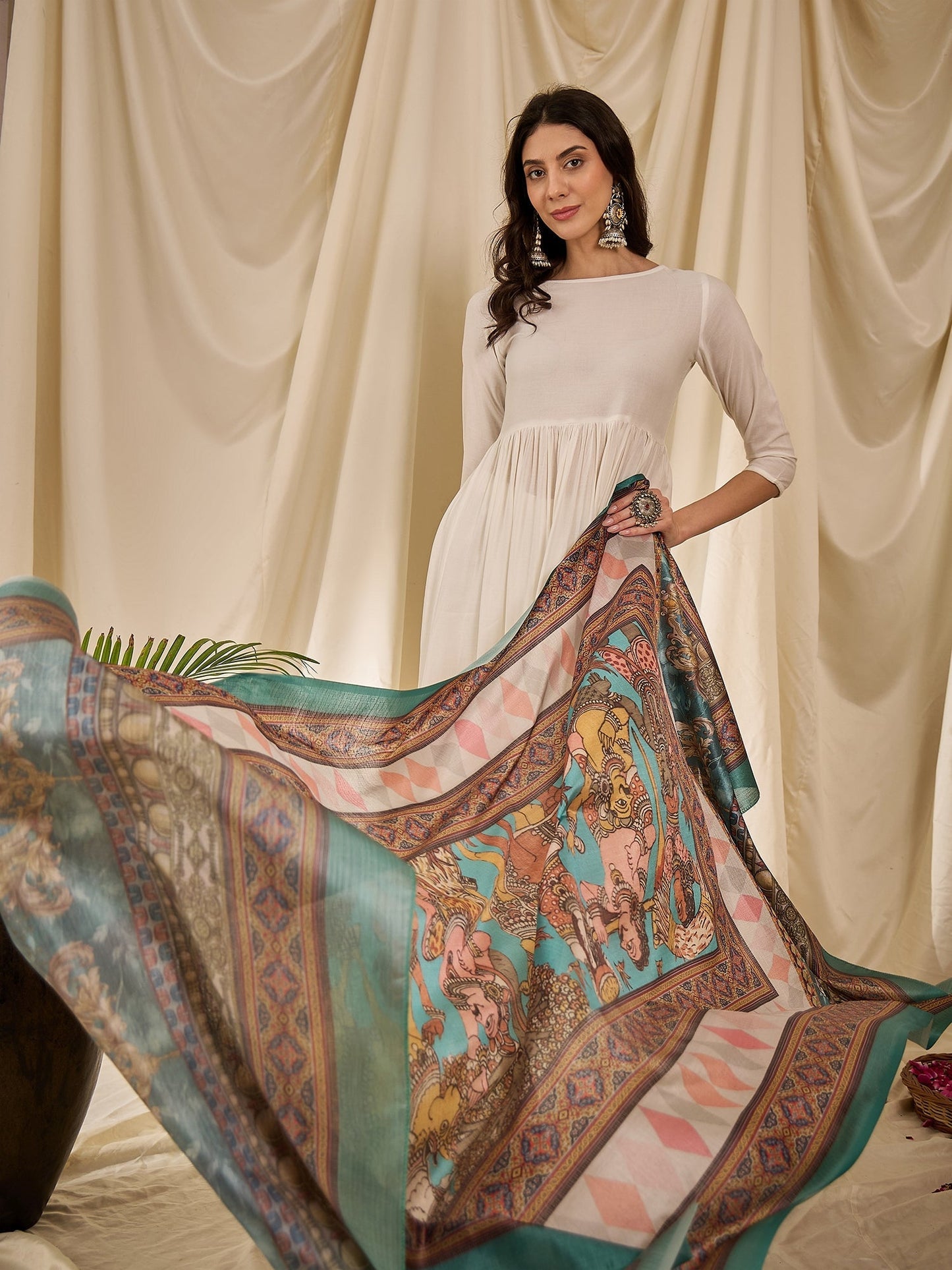 InWeave White Long Anarkali Rama Green Dupatta Set - Swadesiicart