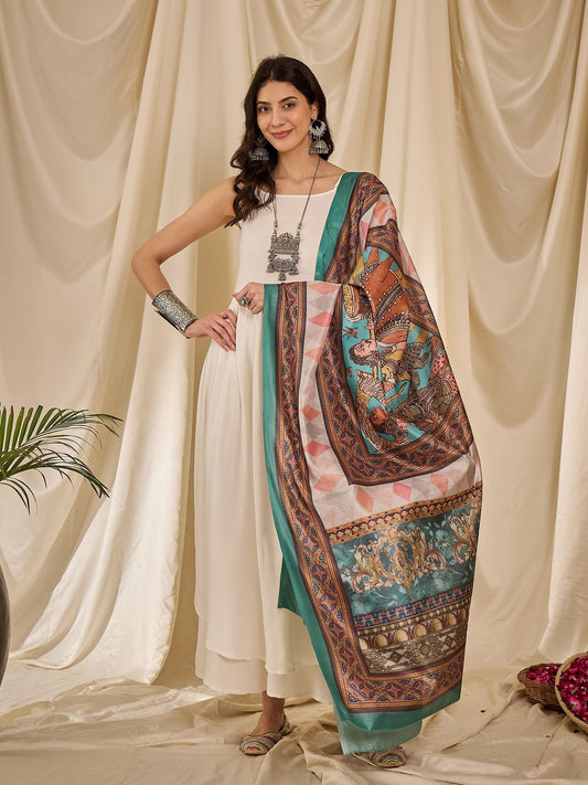 InWeave White Strappy Rama Green Dupatta Set - Swadesiicart