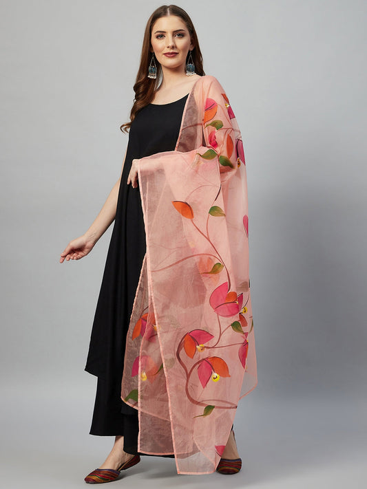 InWeave Black Strappy Set With Peach Hand Print Dupatta - Swadesiicart