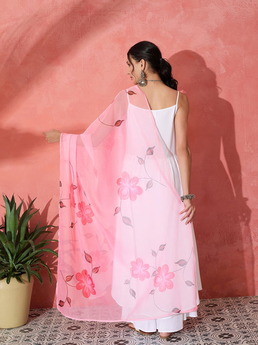 InWeave White Strappy Kurta Set With Pink Hand Print Dupatta - Swadesiicart