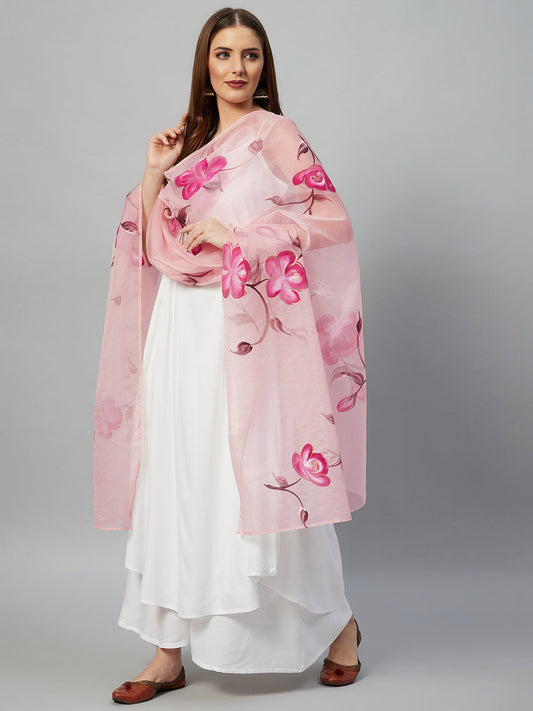 InWeave White Strappy Kurta Set - Pink Hand Print Dupatta - Swadesiicart