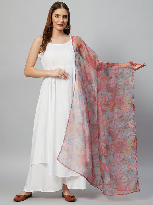 InWeave White Strappy Set - Green Organza Dupatta - Swadesiicart