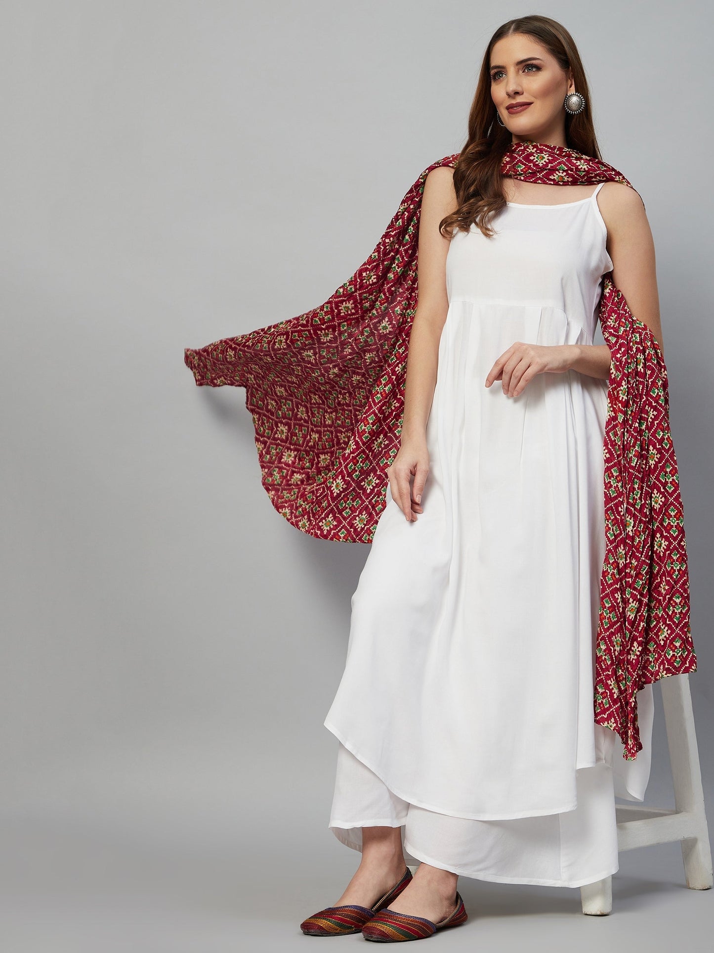 InWeave White Strappy Set - Maroon Fosilk Dupatta - Swadesiicart