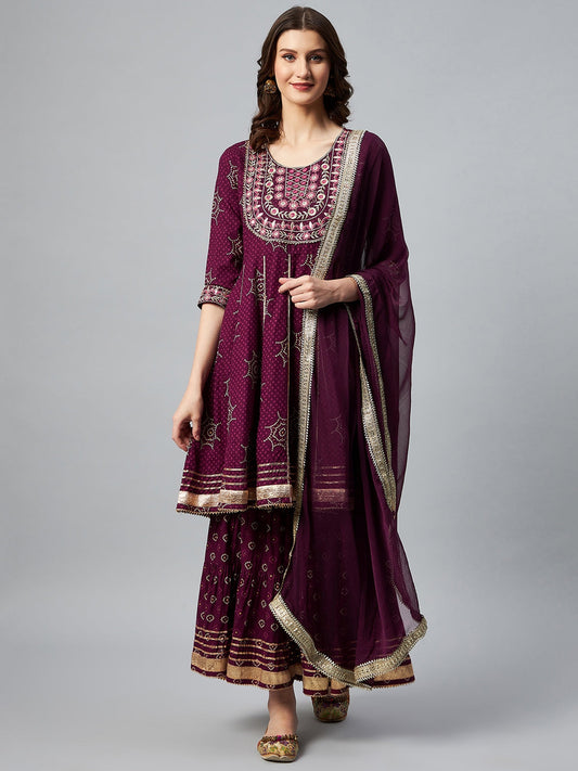 InWeave Wine Gota Mirror Sharara Set - Swadesiicart
