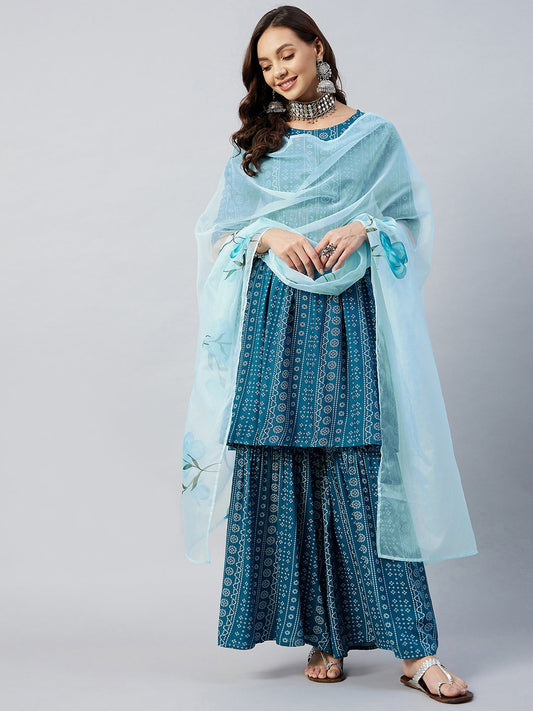 InWeave Women's Ocean Blue Bandhej Sharara Set Blue Hand Print Dupatta - Swadesiicart