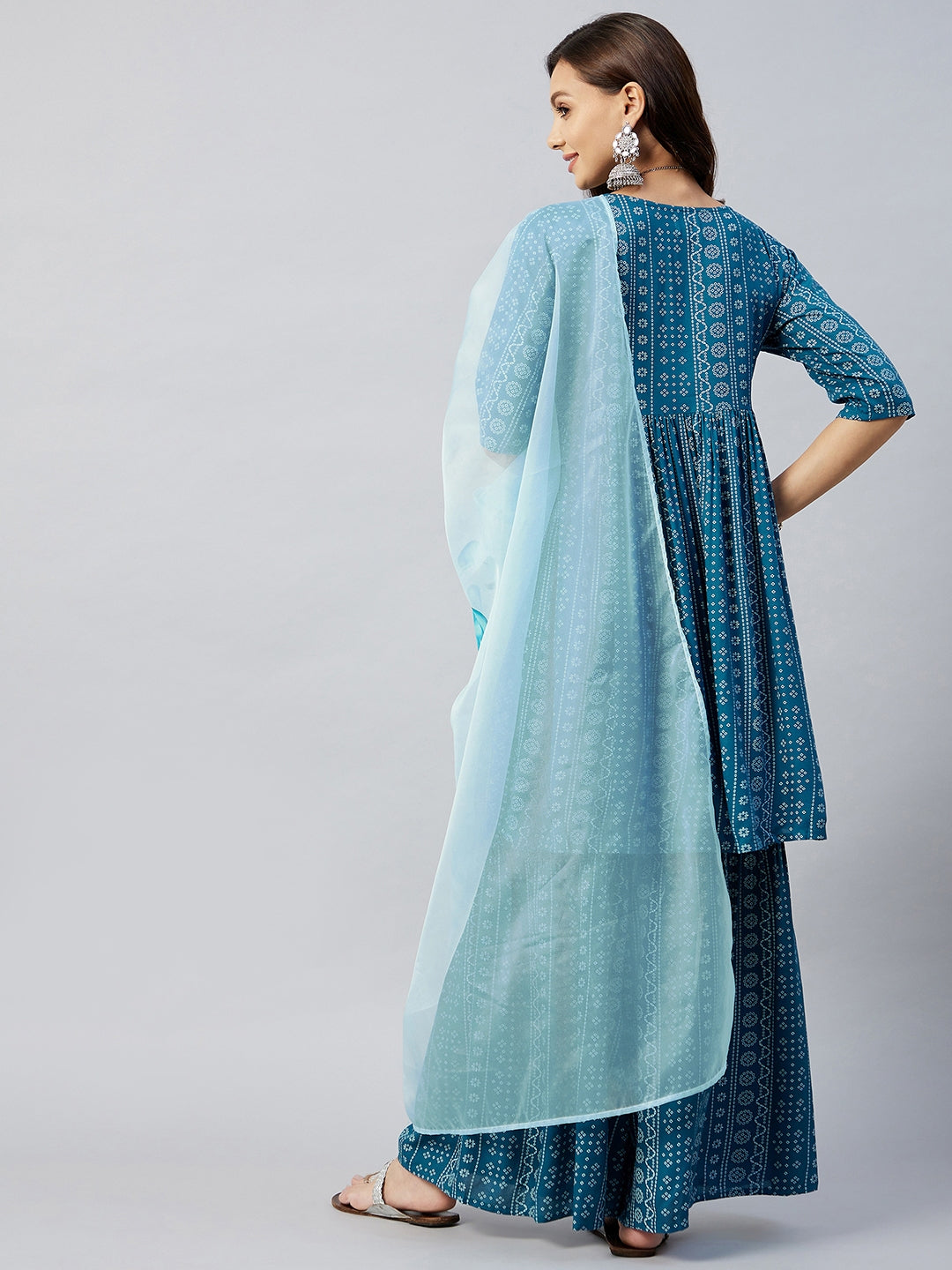 InWeave Women's Ocean Blue Bandhej Sharara Set Blue Hand Print Dupatta - Swadesiicart