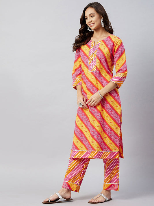 InWeave Women's Pink Mustard Lehriya Straight Kurta Set - Swadesiicart
