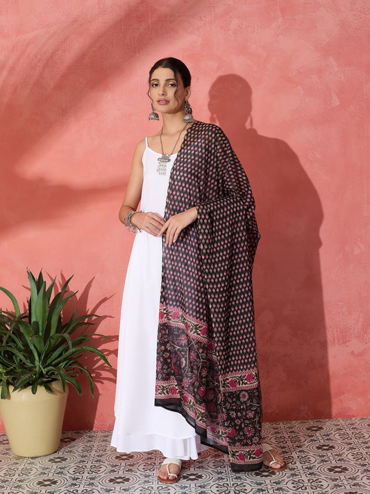 InWeave White Strappy Set With Black Pink Ethnic Print Cotton Dupatta - Swadesiicart