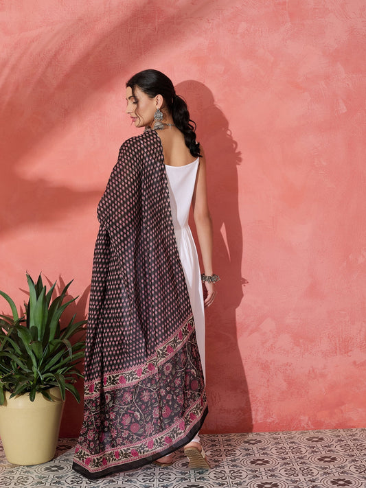 InWeave White Strappy Set With Black Pink Ethnic Print Cotton Dupatta - Swadesiicart