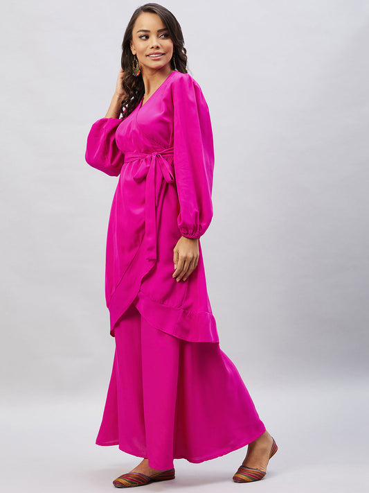 InWeave Women's Magenta Tie Up Kurta Palazzo Set - Swadesiicart