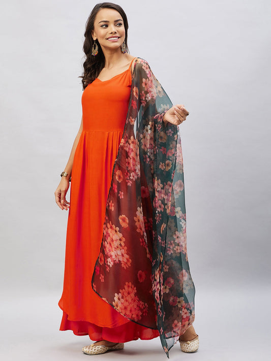 InWeave Women's Orange Strappy Set With Black Floral Organza Dupatta - Swadesiicart