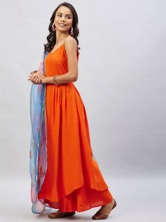 InWeave Women's Orange Strappy Set With Blue Fuchsia Organza Dupatta - Swadesiicart
