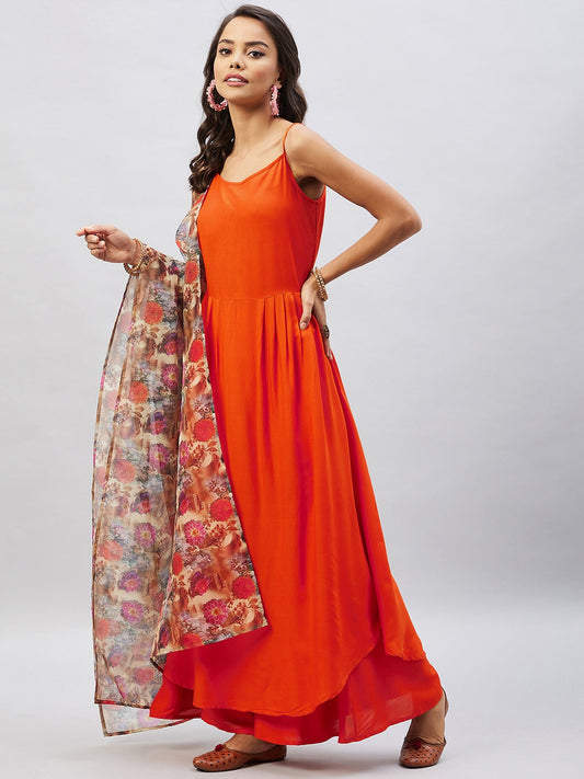 InWeave Women's Orange Strappy Set With Camel Brown Floral Organza Dupatta - Swadesiicart