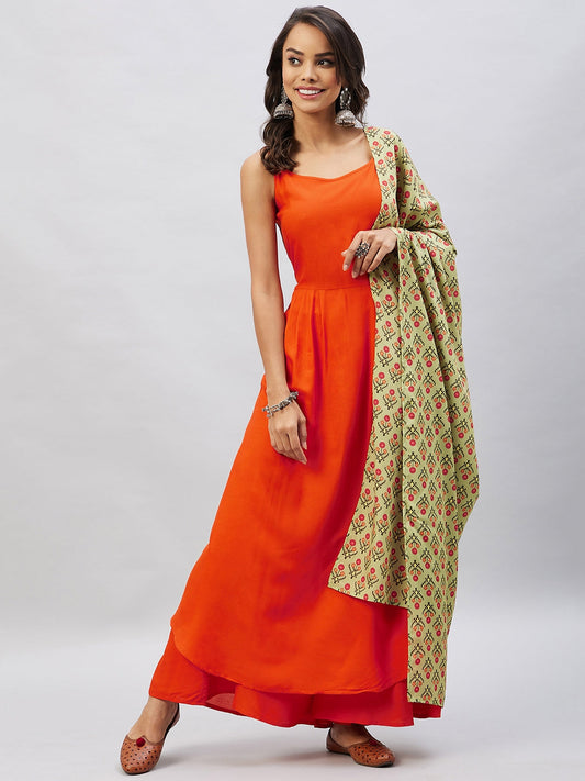 InWeave Women's Orange Strappy Set With Light Green Orange Print Dupatta - Swadesiicart