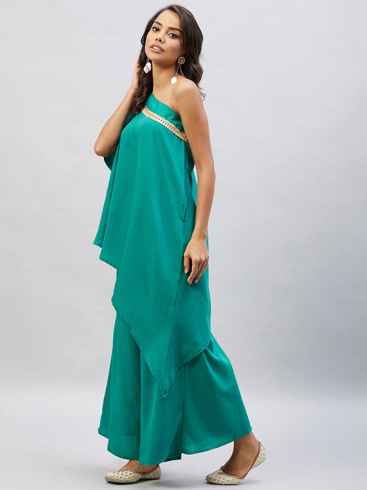 InWeave Women's Teal One Shoulder Kurta Set With Gota Work - Swadesiicart