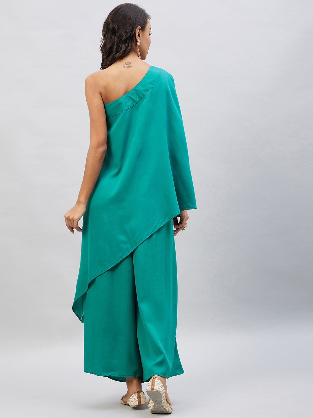 InWeave Women's Teal One Shoulder Kurta Set With Gota Work - Swadesiicart