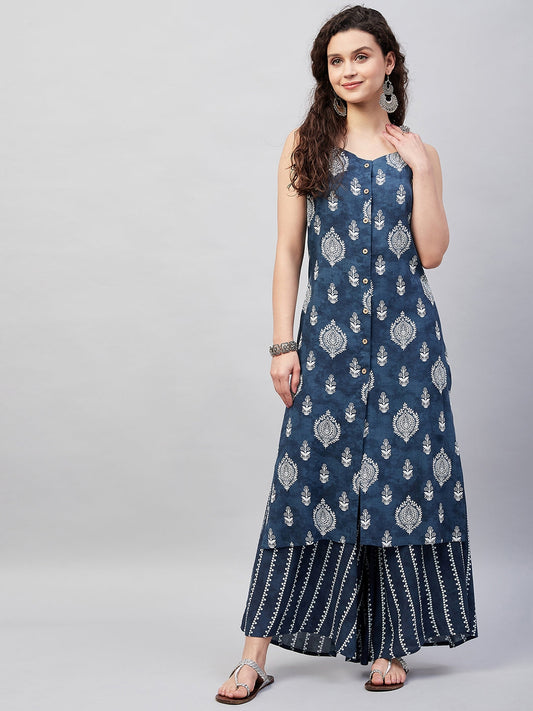 InWeave Women's Blue White Porcelien Print Spaghetti Kurta Palazzo Set - Swadesiicart