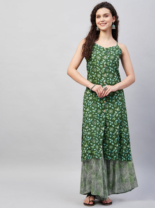 InWeave Women's Green Bagh Print Spaghetti Kurta Zig Zag Palazzo Set - Swadesiicart