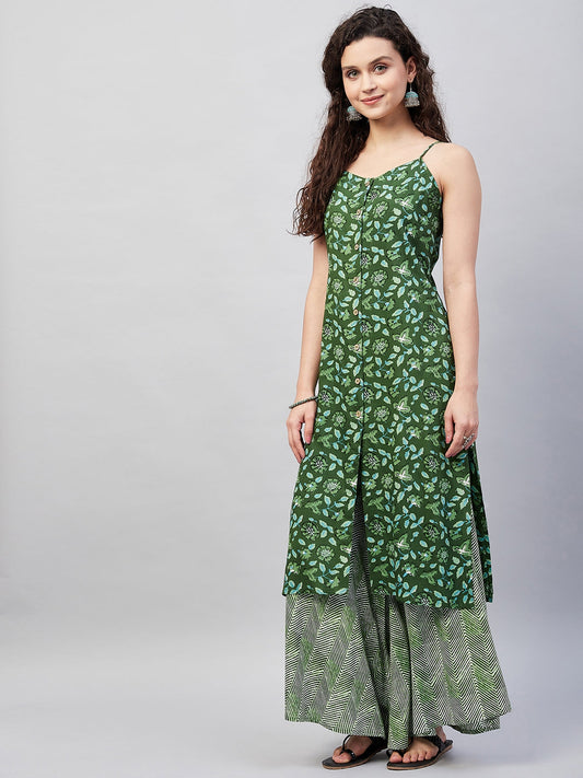 InWeave Women's Green Bagh Print Spaghetti Kurta Zig Zag Palazzo Set - Swadesiicart