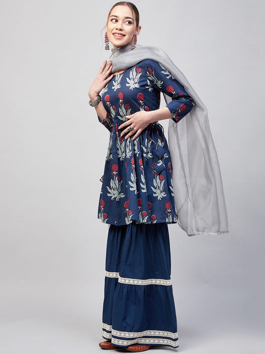 InWeave Women's Indigo Boota Sharara Set With Grey Or Dupatta - Swadesiicart
