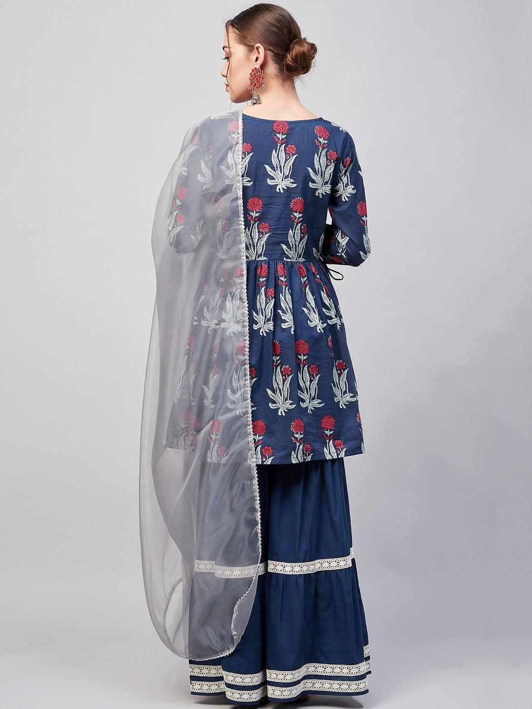 InWeave Women's Indigo Boota Sharara Set With Grey Or Dupatta - Swadesiicart