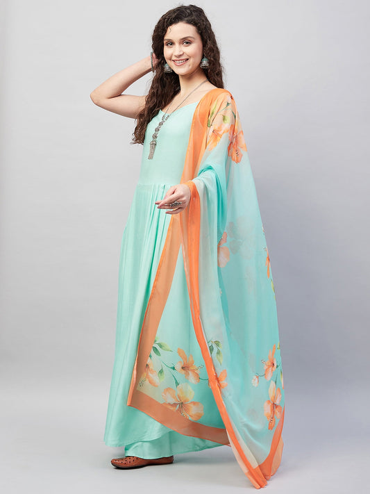 InWeave Women's Sky Blue Strappy Set W Aqua Orange Ge Dupatta - Swadesiicart