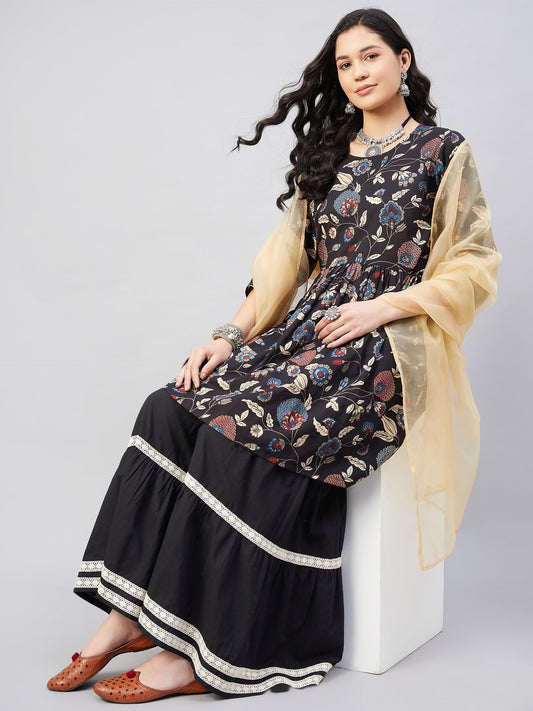 InWeave Black Tropical Sharara Set Gold Or Dupatta - Swadesiicart