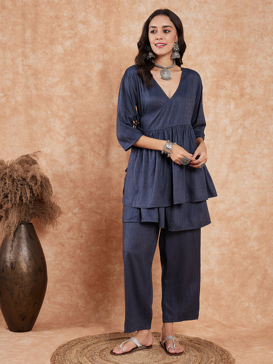 InWeave Women's Dark Teal Lurex High Low Angrakha Tie Up Kurta Set - Swadesiicart