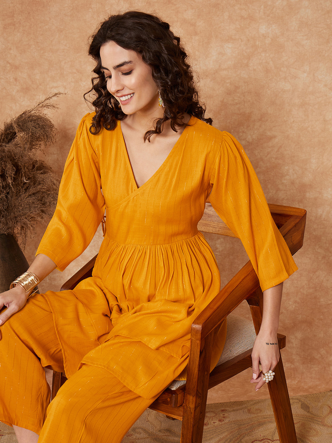 InWeave Women's Mustrad Lurex High Low Angrakha Tie Up Kurta Set - Swadesiicart