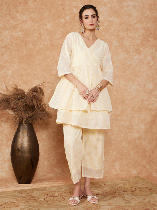 InWeave Women's White Gold Lurex High Low Angrakha Tie Up Kurta Set - Swadesiicart
