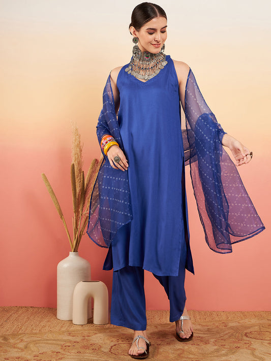 InWeave Women's Ink Blue Neck Patti Halter Kurta Set Blue Badhani Or Dupatta - Swadesiicart