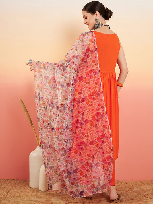 InWeave Women's Orange Sleeveless Flared Kurta Set Offwhite Multi Floral Or Dupata - Swadesiicart