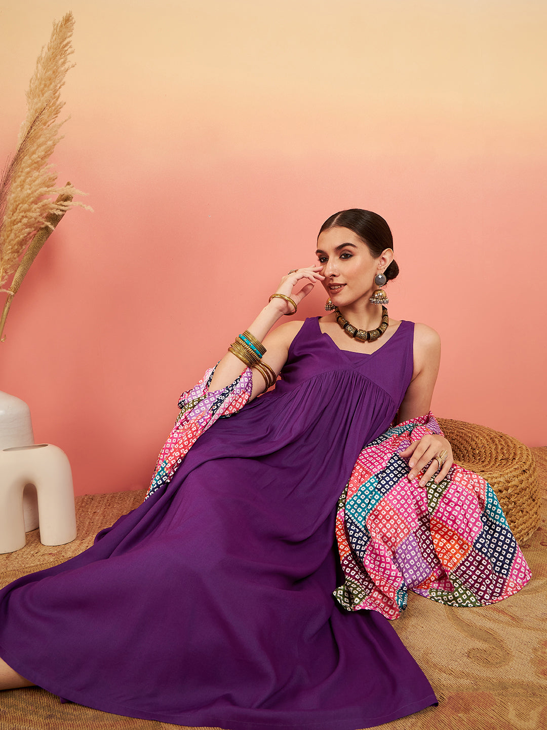 InWeave Women's Violet Sleeveless Flared Kurta Set Squar Badhani Silk Dupatta - Swadesiicart