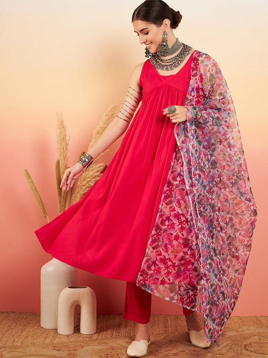 InWeave Women's Magenta Sleeveless Flared Kurta Set Blue Pink Or Dupatta - Swadesiicart