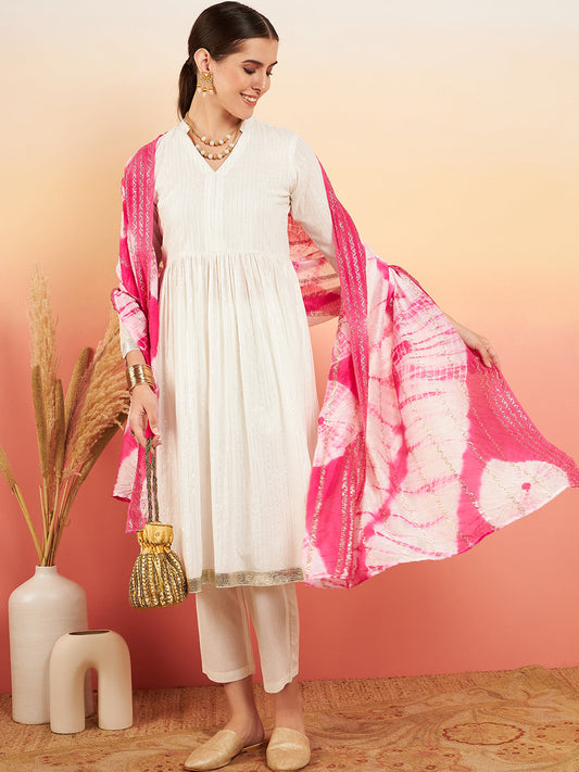 InWeave Women's White Lurex V Neck Gota Anarkali Kurta Set Magenta Lurex Dupatta - Swadesiicart
